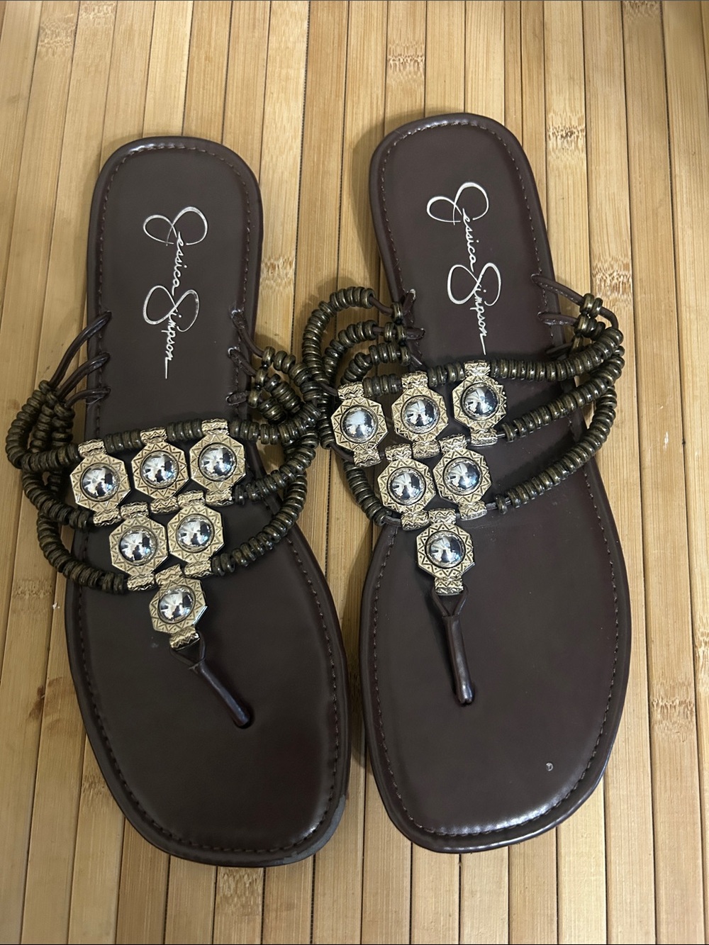 Jessica Simpson Brown Jeweled Braided Thong Sandals